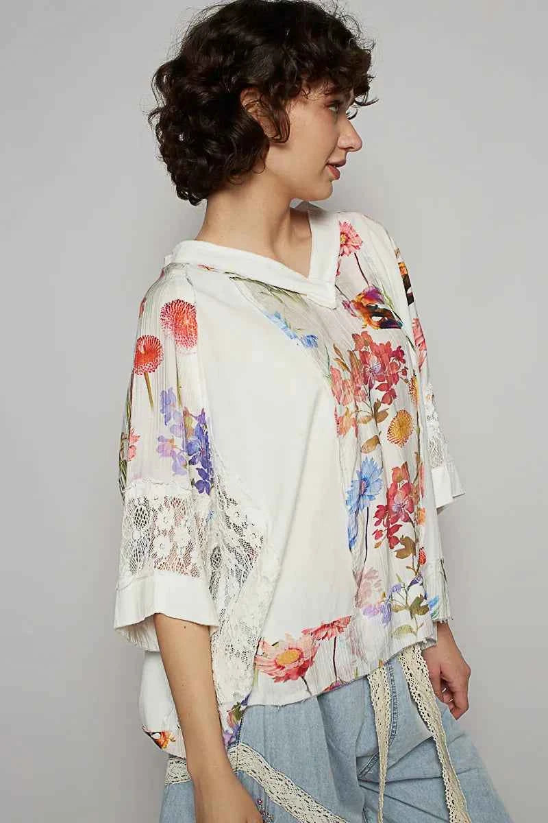 POL Floral V-Neck Raw Edge T-Shirt with Lace Detail 1c97452f-3d8f-454d-8d09-94a8313875f1-Max-Origin