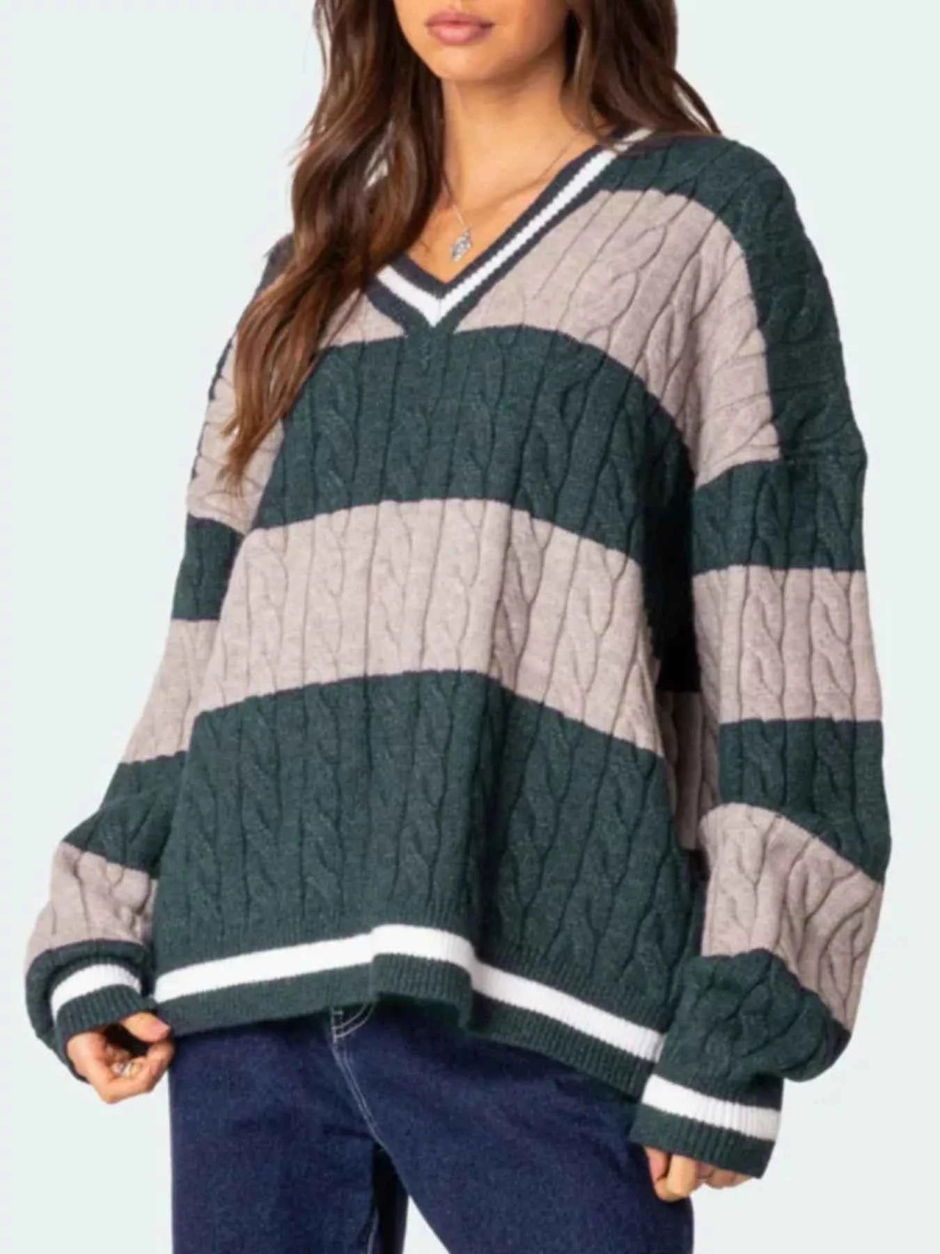 Striped Cable Knit V-Neck Sweater 1c998d0c-86ce-46de-b033-e51d6bcabf8f-Max-Origin