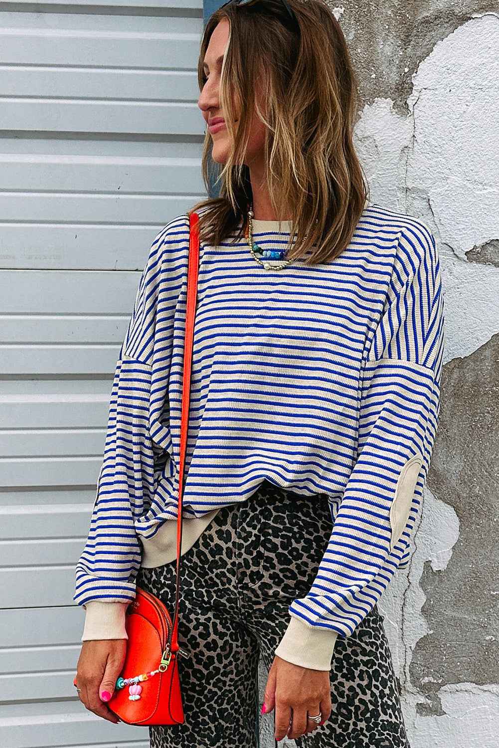 Blue Stripe Textured Elbow Patched Crew Neck Drop Shoulder Sweatshirt 1c9fed2735e6b246