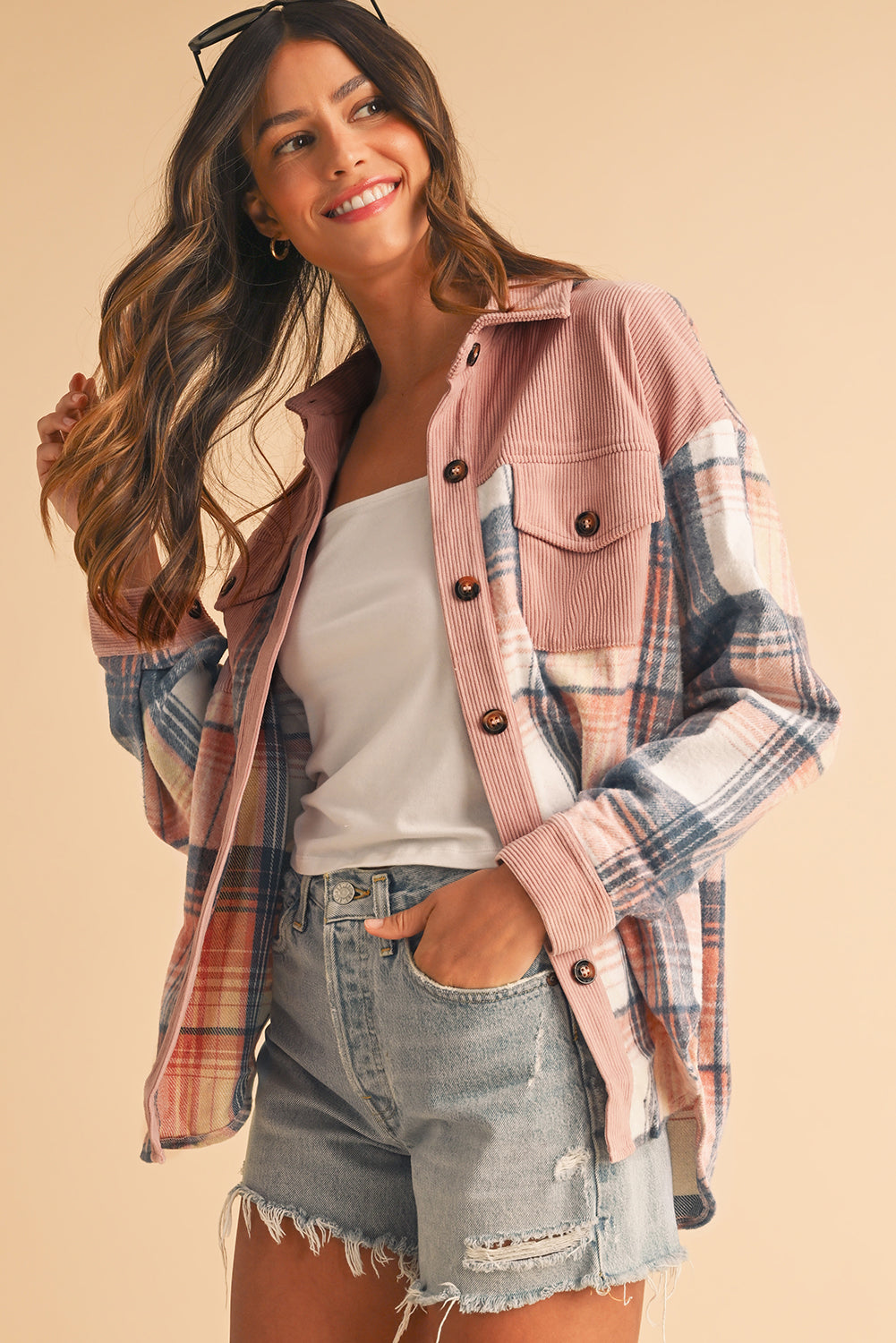 Cinnamon Plaid Corduroy Patchwork Pocket Loose Shacket Light Pink 100%Polyester 1ca5b1173236a072