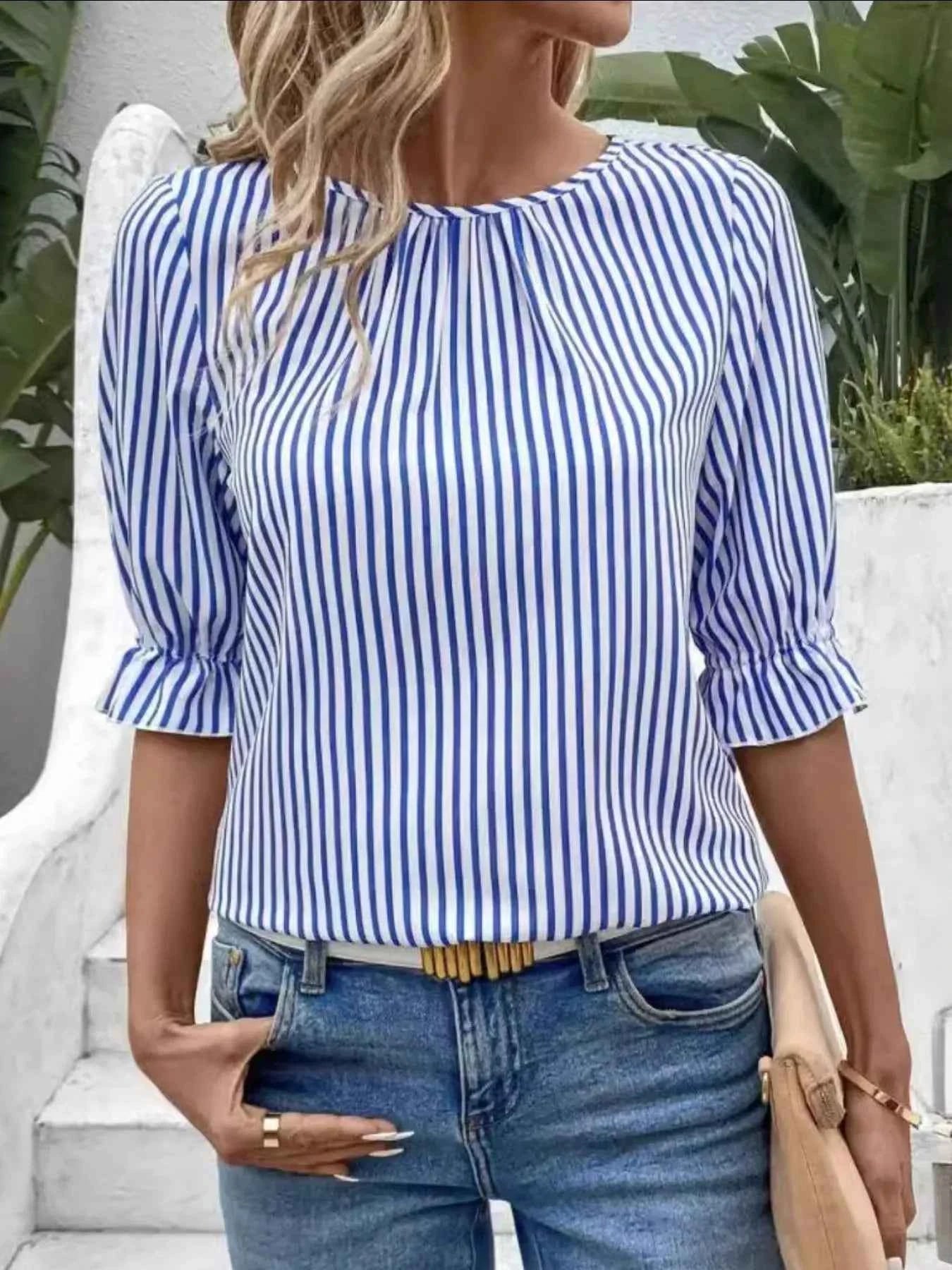 Striped Round Neck Half Sleeve Casual Blouse Blue 1ca97d39-8ffd-46a4-b56e-ce5b99f08412-Max-Origin