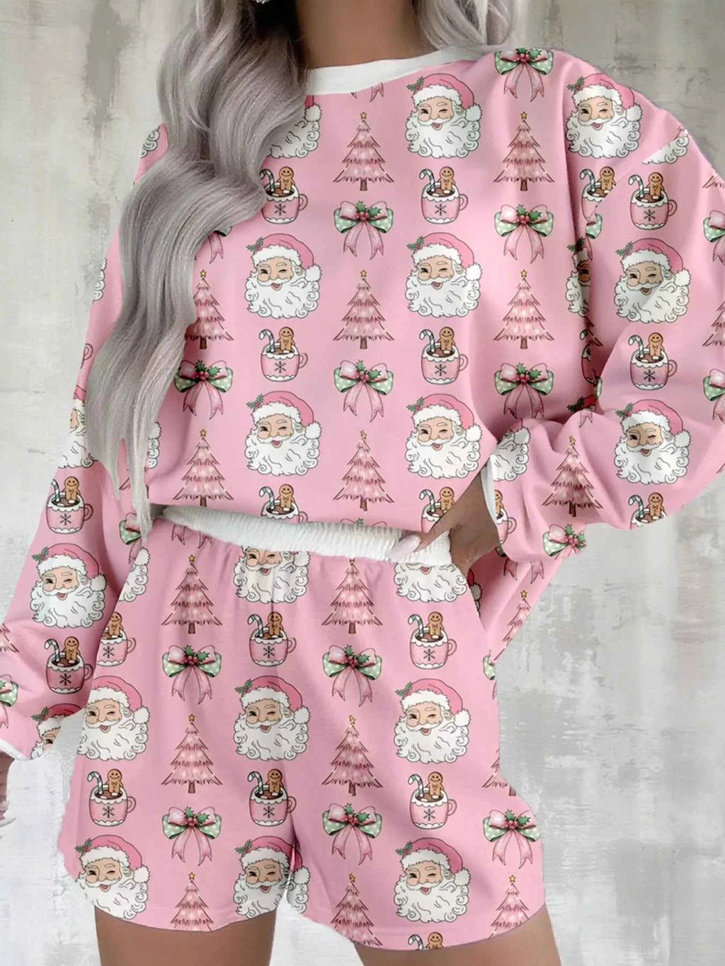 Christmas Santa Print Round Neck Top and Shorts Lounge Set Dusty Pink 1cdf1c46-a5c6-4d6f-b31e-eeb75e3a27b8-Max-Origin