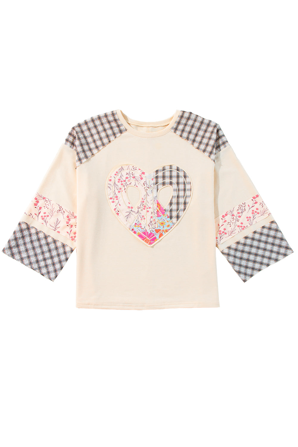 Aqua Plaid Floral Patchwork Heart Long Sleeve Top 1cf8d15954487992