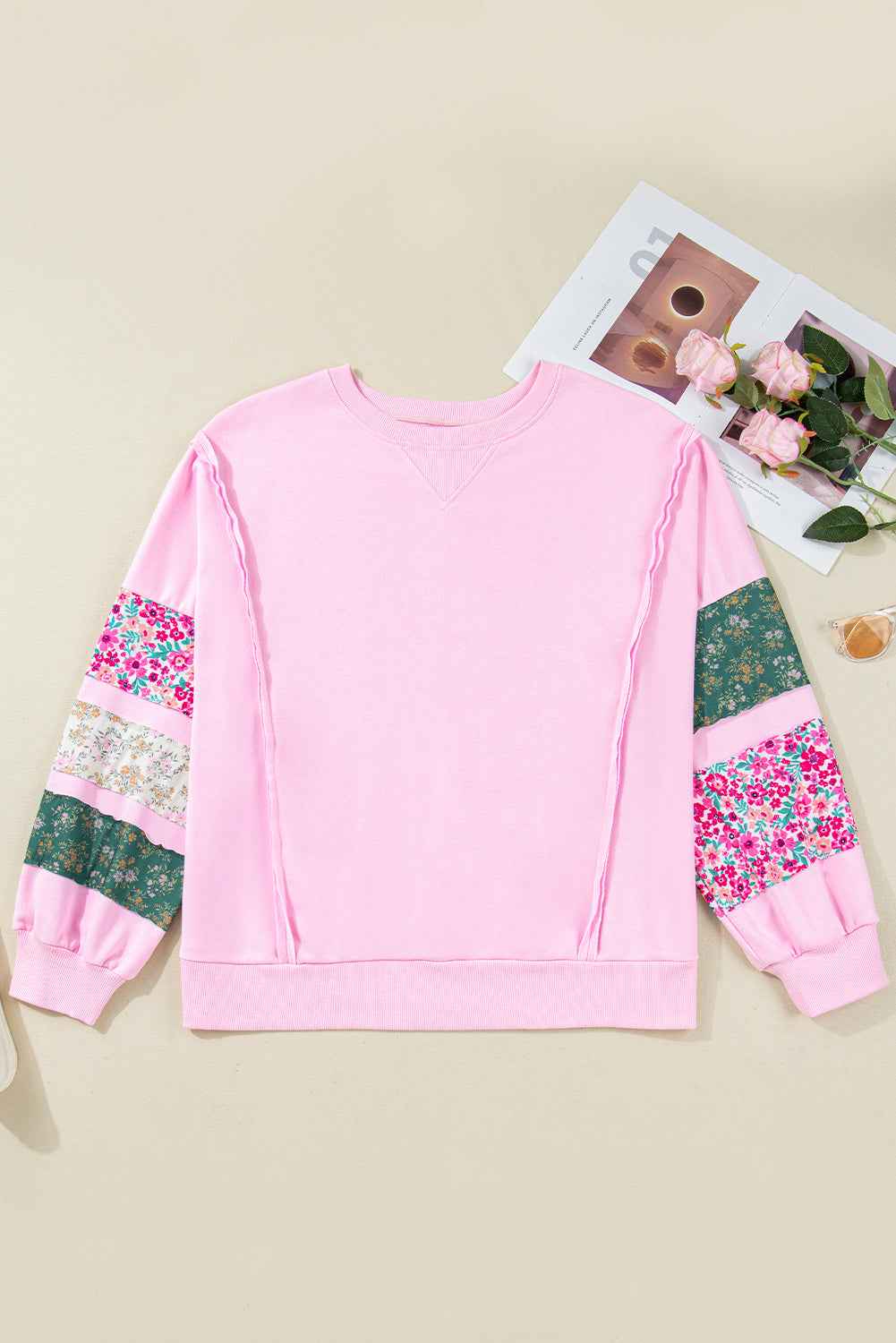 Pink Plus Size Mix Floral Patched Sleeve Ribbed Trim Baggy Sweatshirt 1d177da20fc8f107