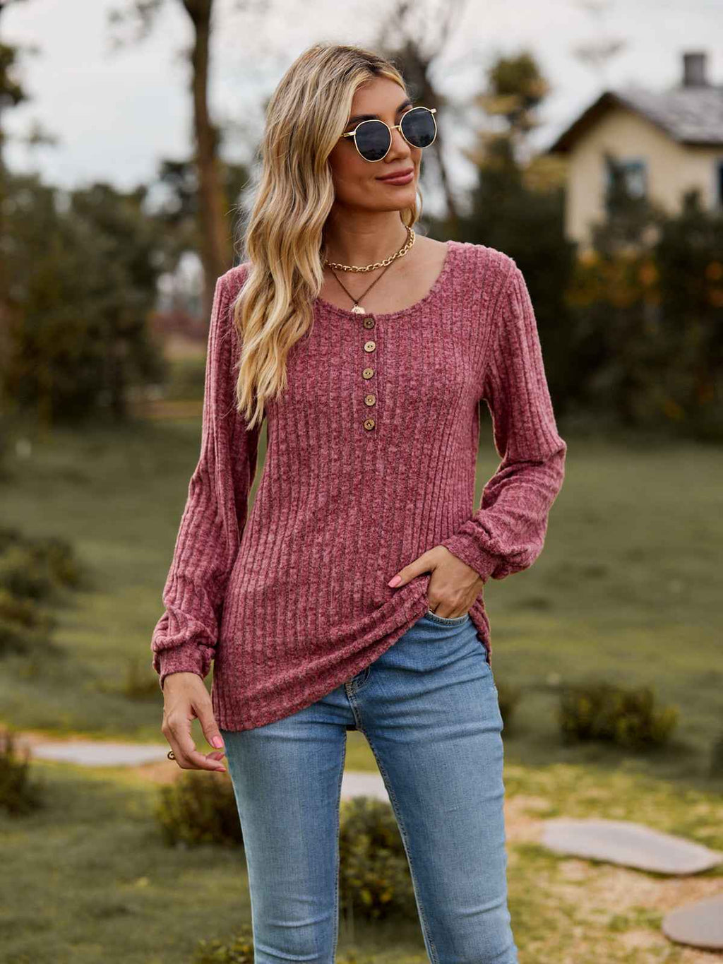 Round Neck Button-Down Long Sleeve Tee 1d1c87b8aaef4d9c8560ec8b32bf4dc7-Max
