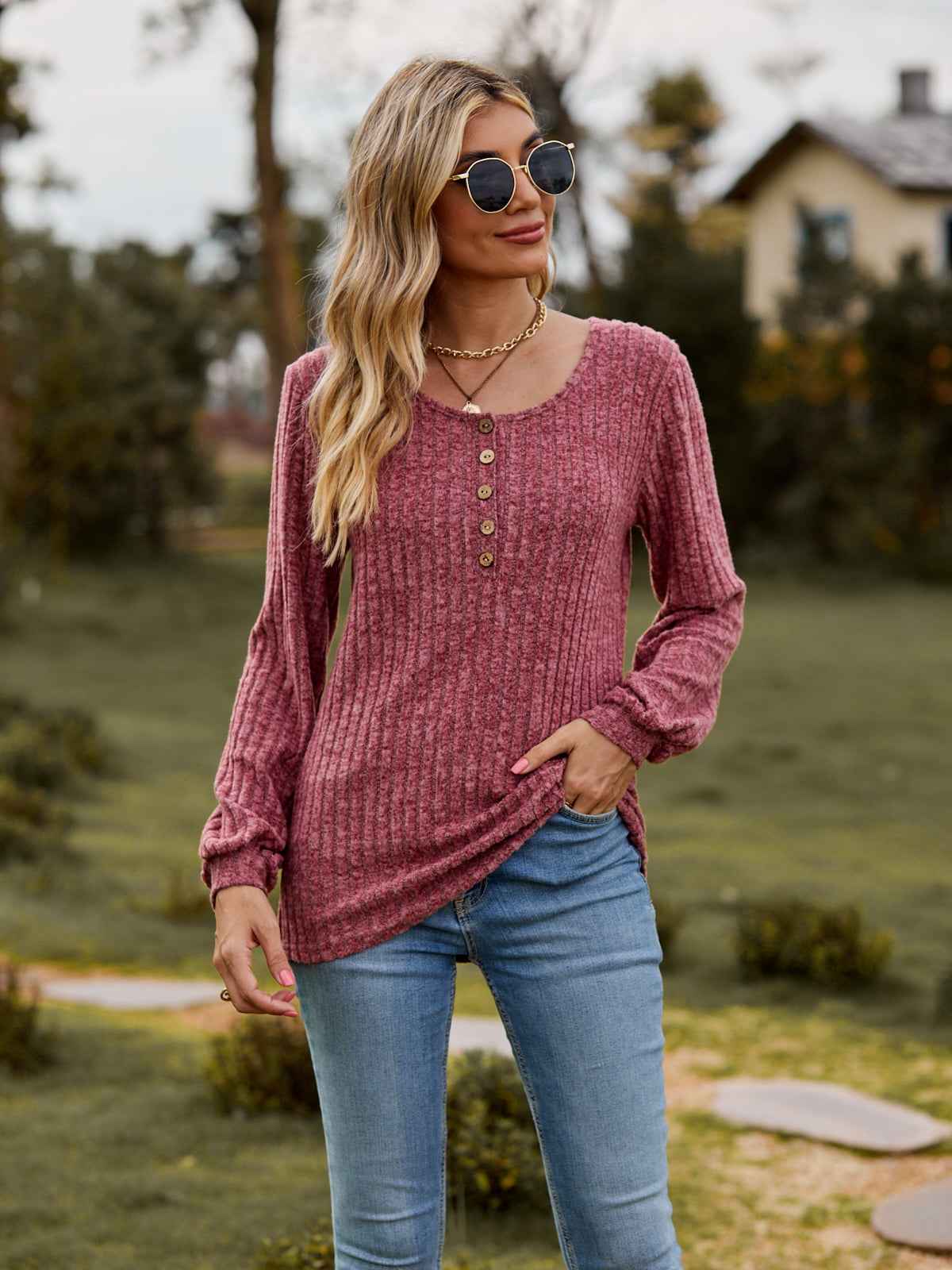Round Neck Button-Down Long Sleeve Tee 1d1c87b8aaef4d9c8560ec8b32bf4dc7-Max