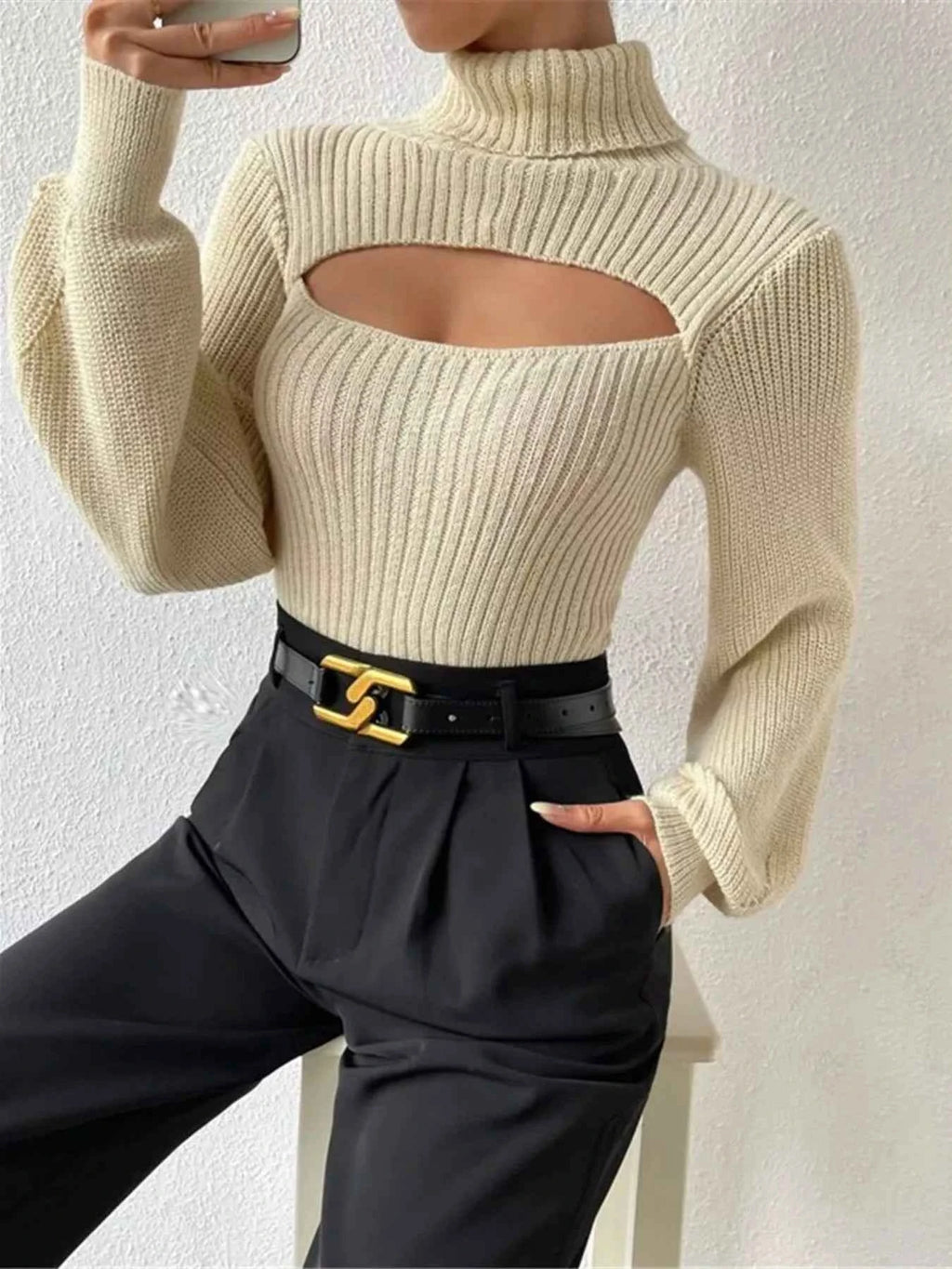 Cutout Front Turtleneck Long Sleeve Sweater Beige 1d1e9e66f8e443609a60a9da9bb723df-Max-Origin