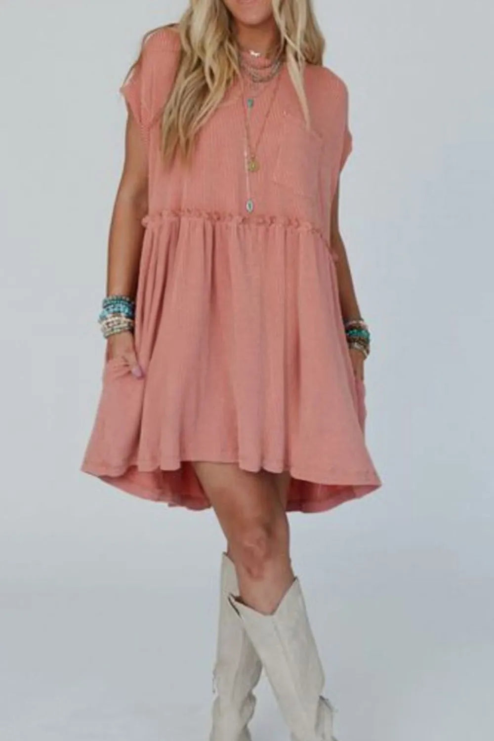 Corded Knit Textured Patched Pocket Frilled Swing Mini Dress with Pockets 1d255540-4bf4-42a3-bddd-f043f890afe6-Max-Origin