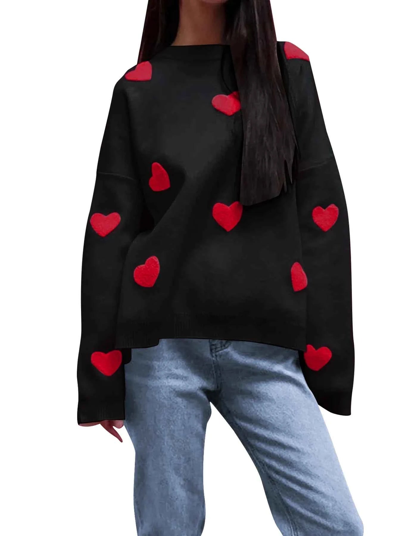 Heart Round Neck Long Sleeve Sweater Black 1d3b9efa31b04520a04eaa9e2de17f90-Max-Origin