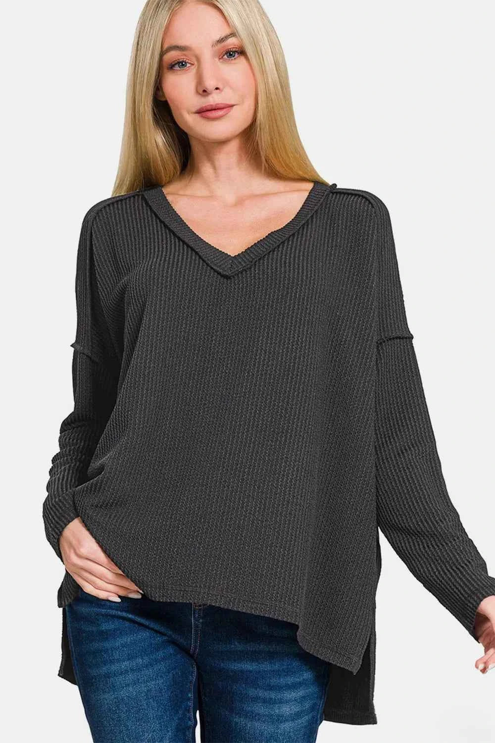 Zenana Texture Exposed Seam V-Neck Long Sleeve T-Shirt Black 1d425cd9-54ad-4830-99cc-669a4c7a1f76-Max