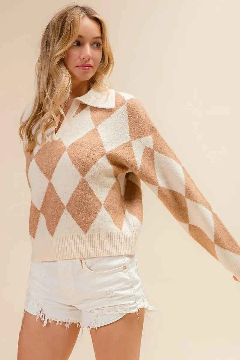 BiBi Diamond Pattern Collared Notch Neck Sweater OATMEAL LATTE 1d50805ddba04817852a7ddcb3991582-Max-Origin