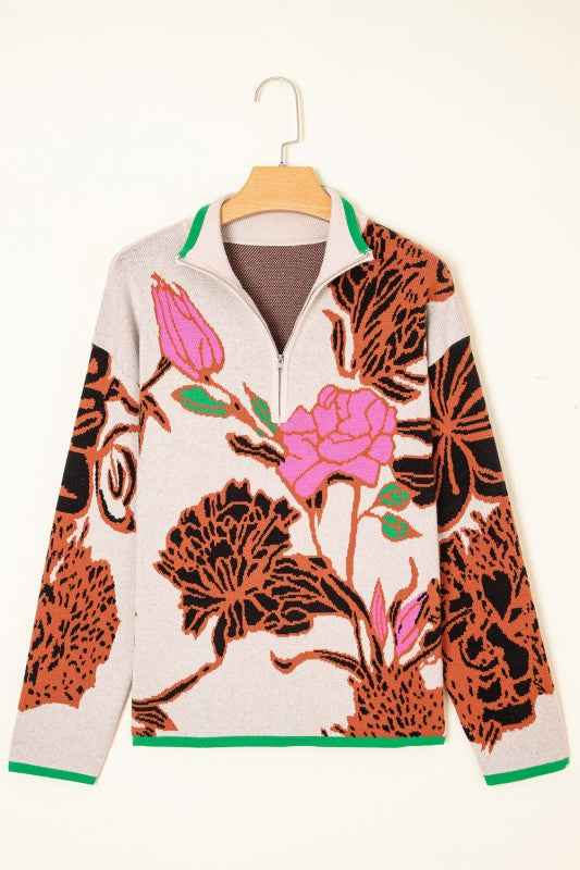 Floral Knit Quarter-Zip Long Sleeve Sweater 1d773392-1765-483c-b81c-e3560a57590f
