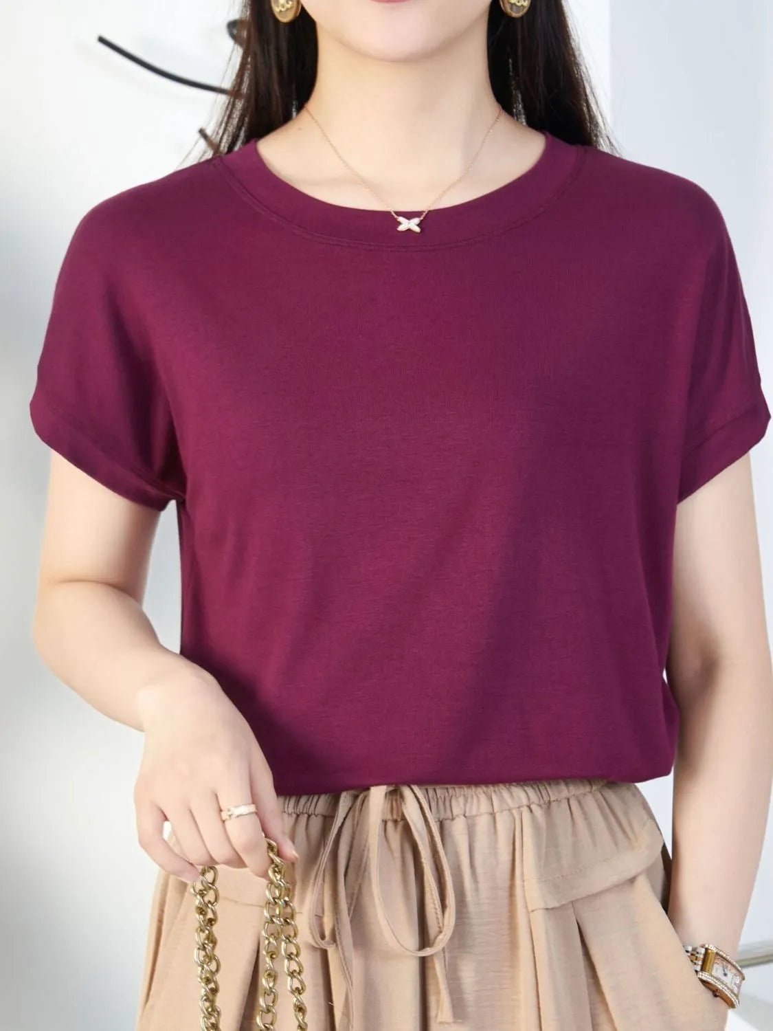 Round Neck Short Sleeve T-Shirt Brown 1d8d8482-3915-4605-9133-11f4e09296c3-Max-Origin