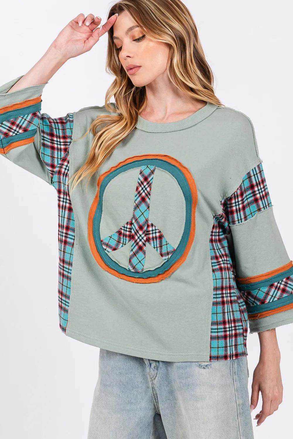 SAGE + FIG Peace Applique Patch Contrast Plaid Top 1db5feb9-85f5-48b0-941c-60c052259c70-Max