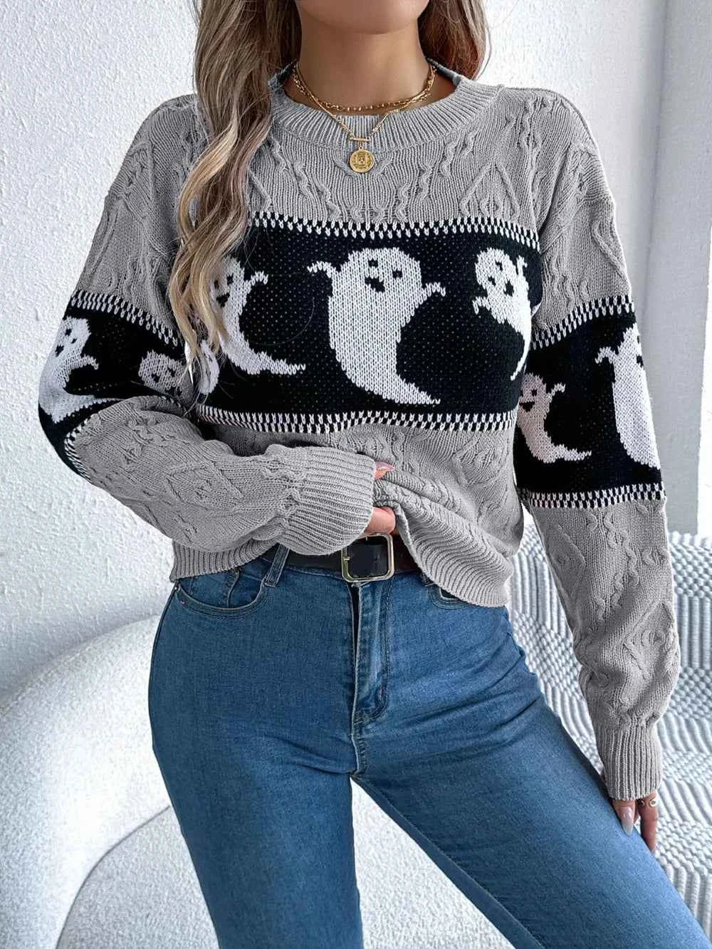 Ghost Round Neck Long Sleeve Sweater 1dc55685-24cb-4a2a-9ab8-e1898d7d31b9-Max