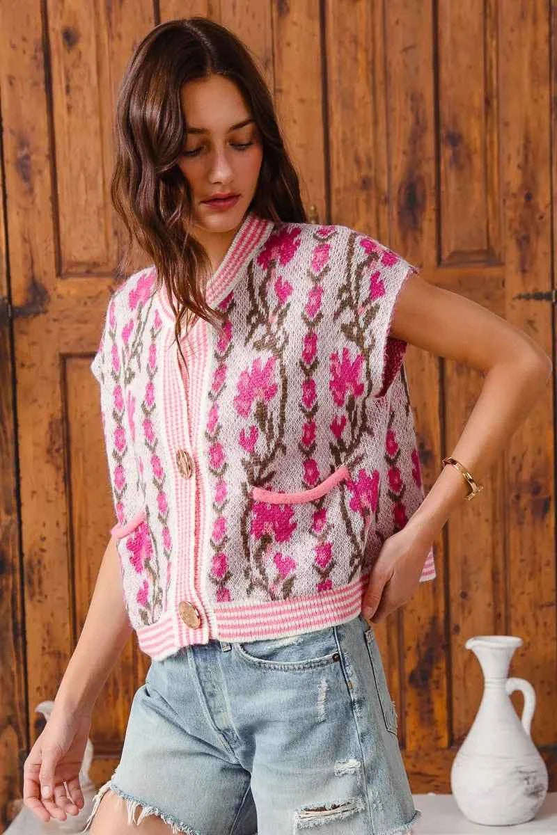 SO ME Button Front Floral and Stripe Knitted Sweater Vest 1dc933264af7485b8f2cce8a85dc970e-Max-Origin