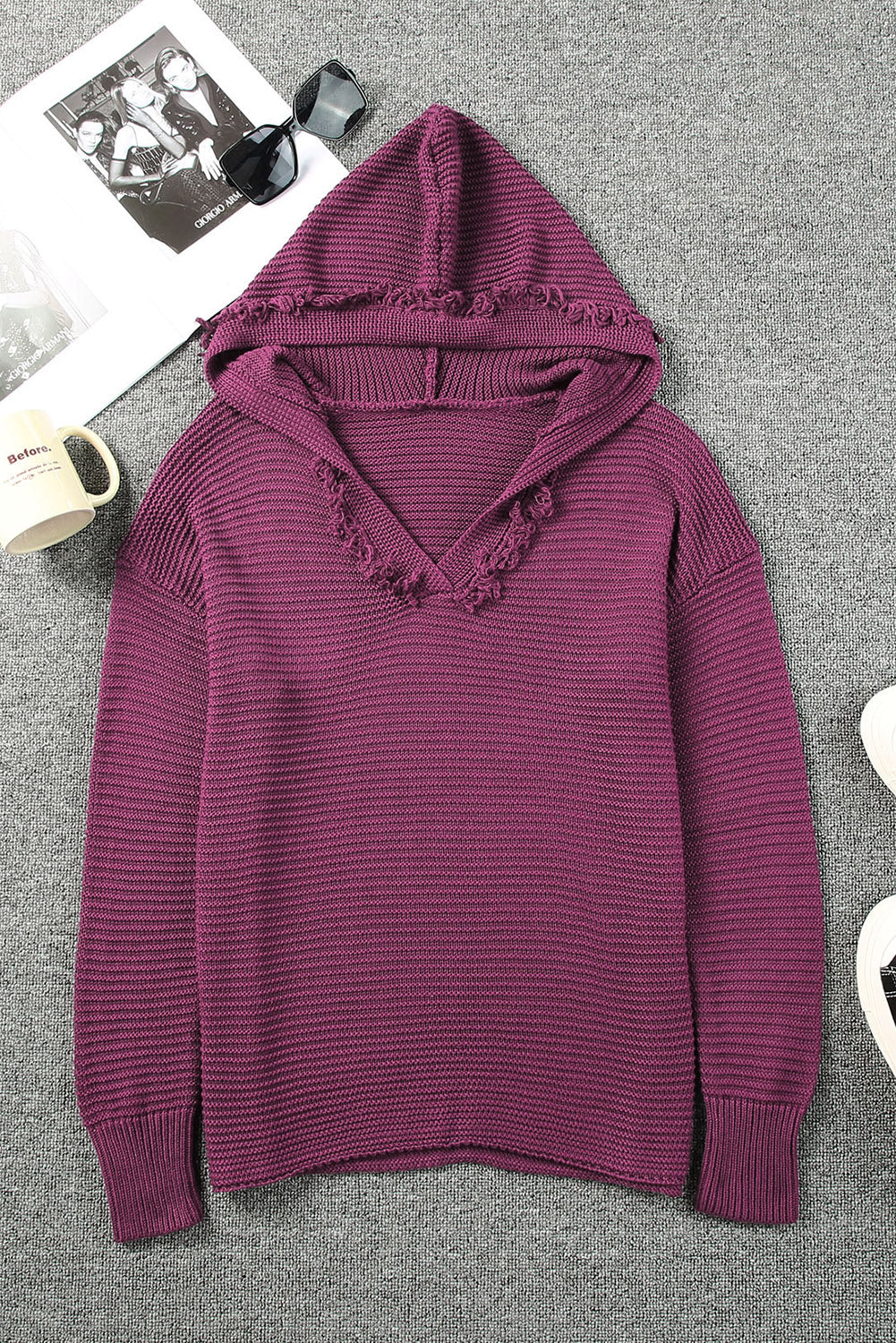 Purple Split V Neck Pullover Hooded Sweater 1dd9d75620fe06b3