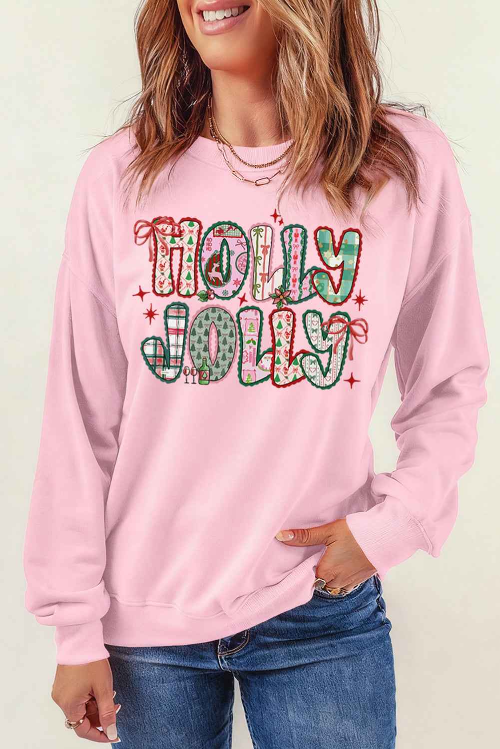 Pink HOLLY JOLLY Graphic Heat Transfer Printing Christmas Sweatshirt 1df2a193bae0b3ee