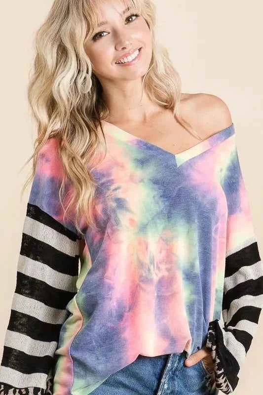 BiBi Tie Dye V Neck Top with Stripe Puff Sleeves 1df9daf7fe1944db95f2ffdd54b1df5d-Max-Origin