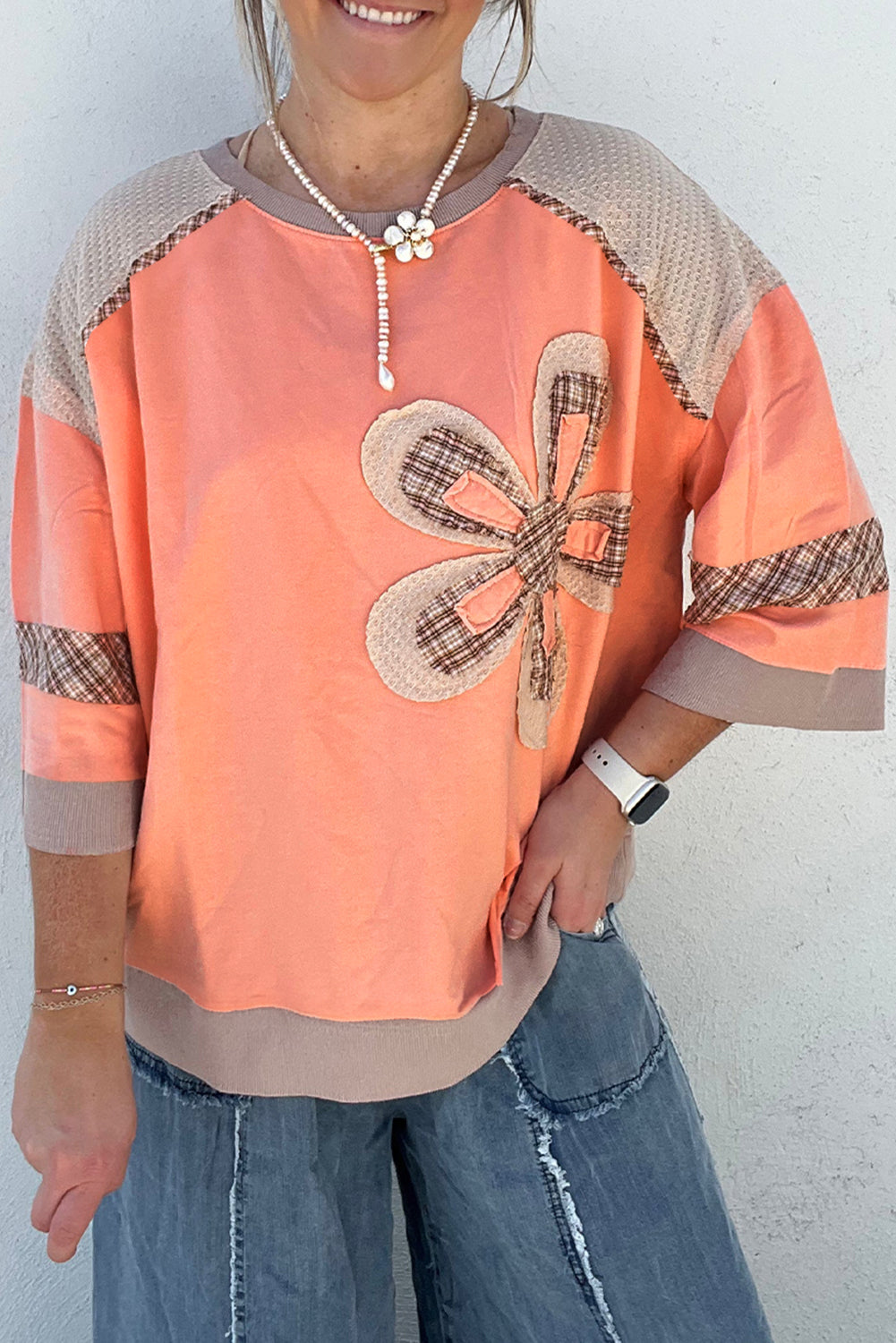 Grapefruit Orange Plaid Waffle Flower Patchwork Bracelet Sleeve Top 1e1533323fef33b4