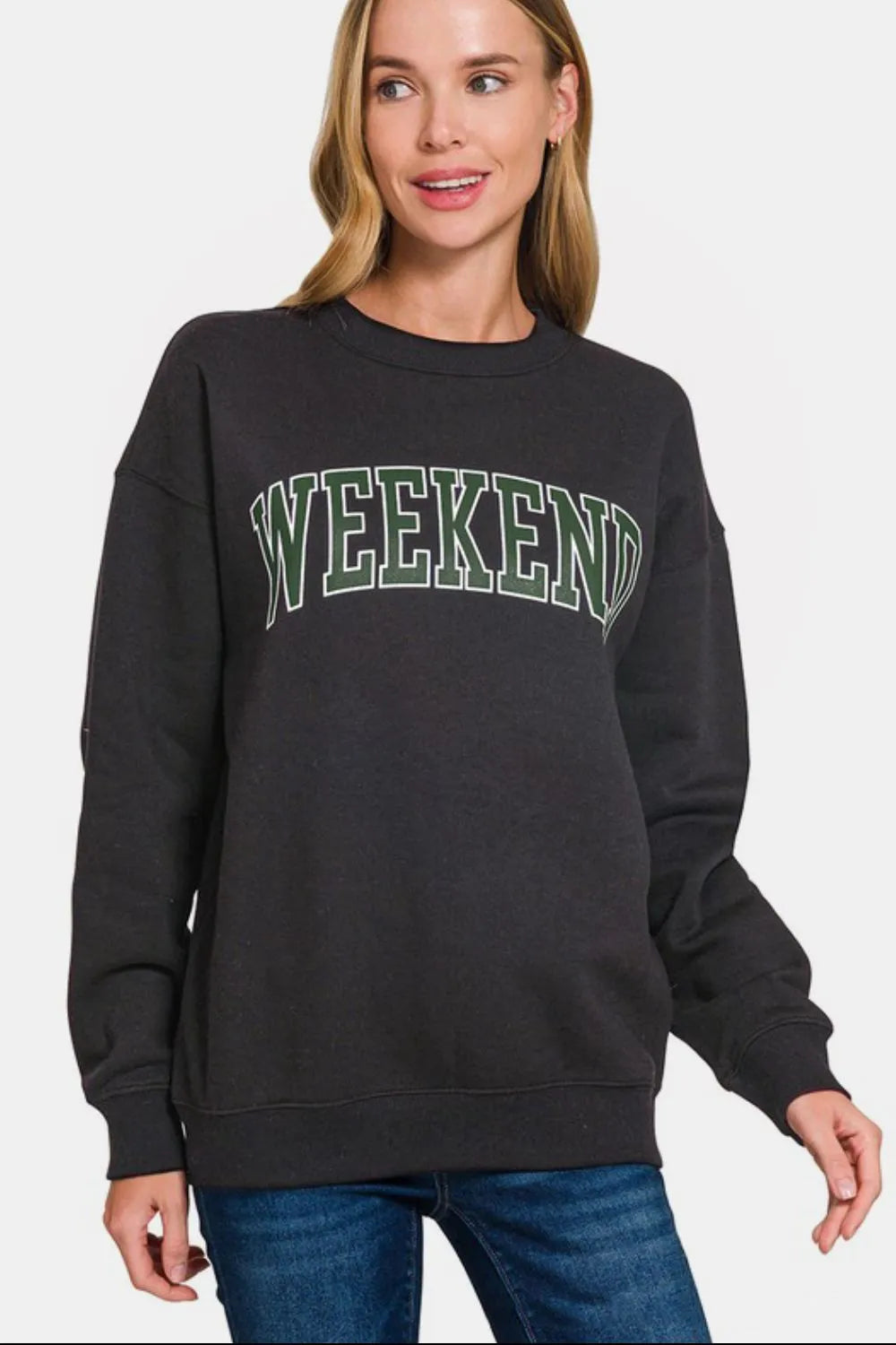 Zenana WEEKEND Round Neck Dropped Shoulder Sweatshirt Black 1e2cc195-ad76-4223-9119-cf18c403aed7-Max