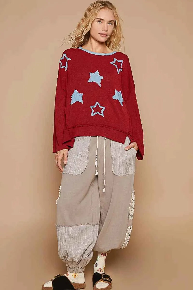 POL Exposed Seam Relaxed Fit Sweater with Star Denim Patch 1e37a2f0-3d48-41eb-b81b-c366f78d6ba5-Max-Origin