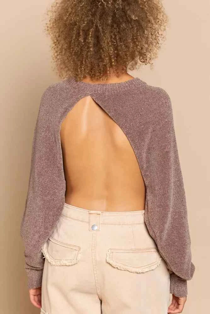 POL Round Neck Backless Sweater with Ribbed Edge 1e3915d8-34b9-40aa-b334-87699ef534f8-Max-Origin