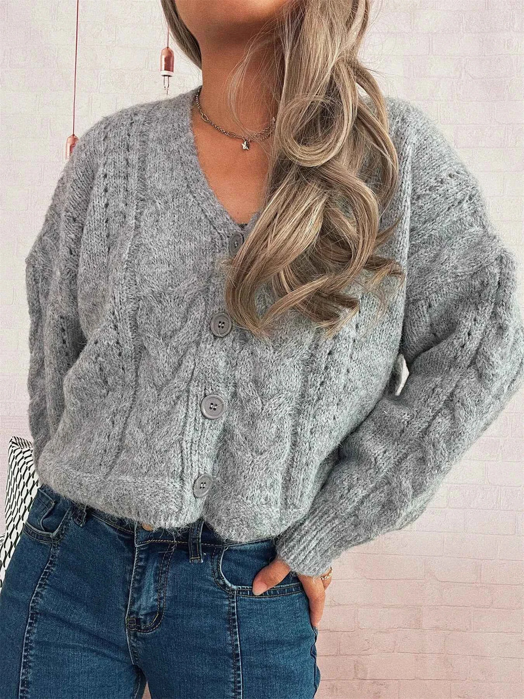 Cable Knit Button-Up Cardigan 1e40b951e1824986819ec3c64b6cdc55-Max-Origin