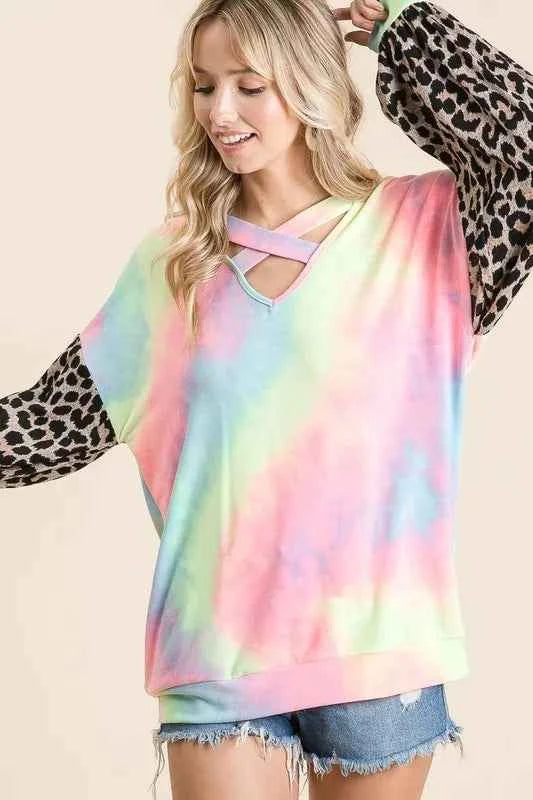 BiBi Tie Dye Terry Top with Leopard Puff Sleeves 1e4151d07ebc40a792684be994858fc6-Max-Origin