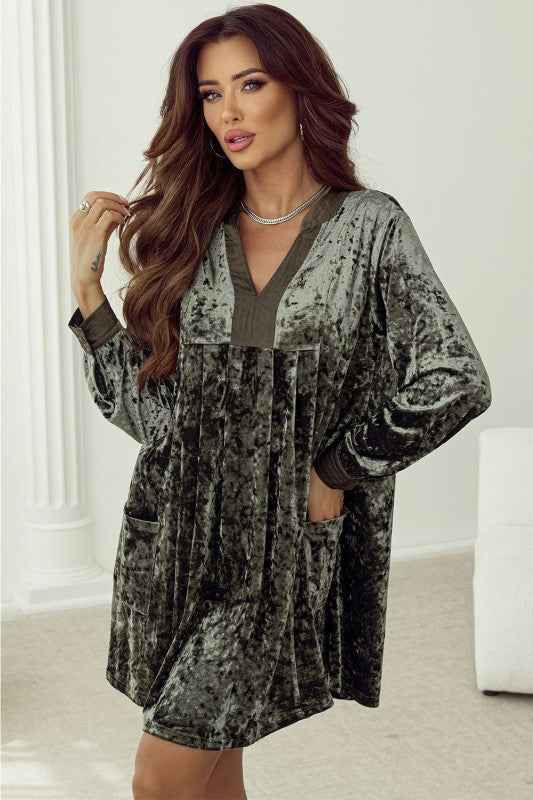 Velvet Long Sleeve V-Neck Side Pocket Dress Jungle Green 1e4c9717-c502-48f3-a04c-7e7f393fedb2