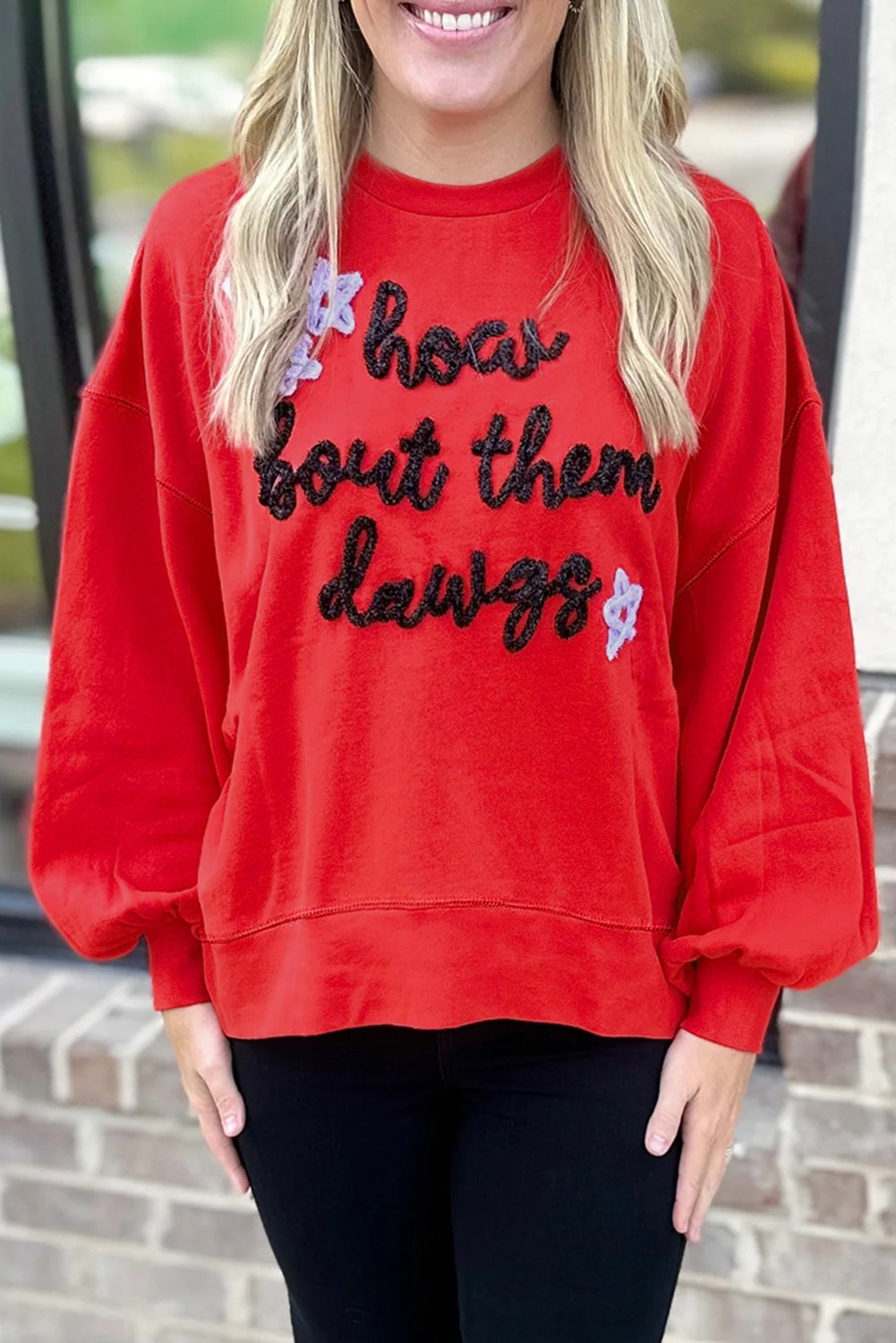Fiery Red How Bout Them Dawgs Glitter Graphic Sweatshirt 1e4ffacf77b3b944