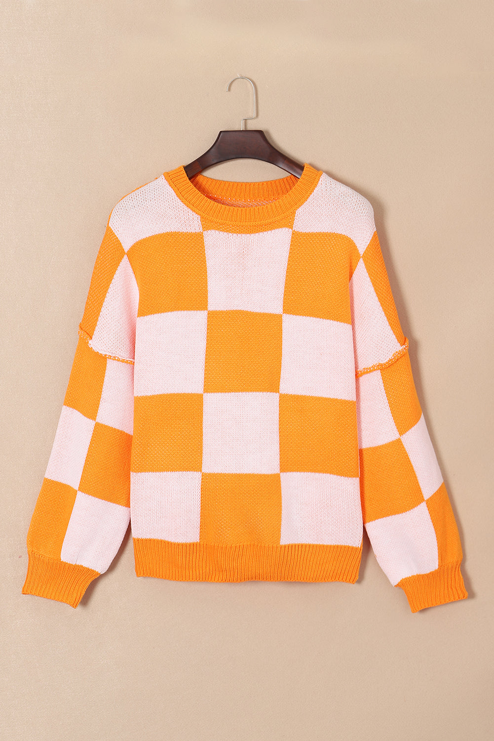 Orange & White Plaid Exposed Seam Bishop Sleeve Sweater 1e591ce3d9c279cd
