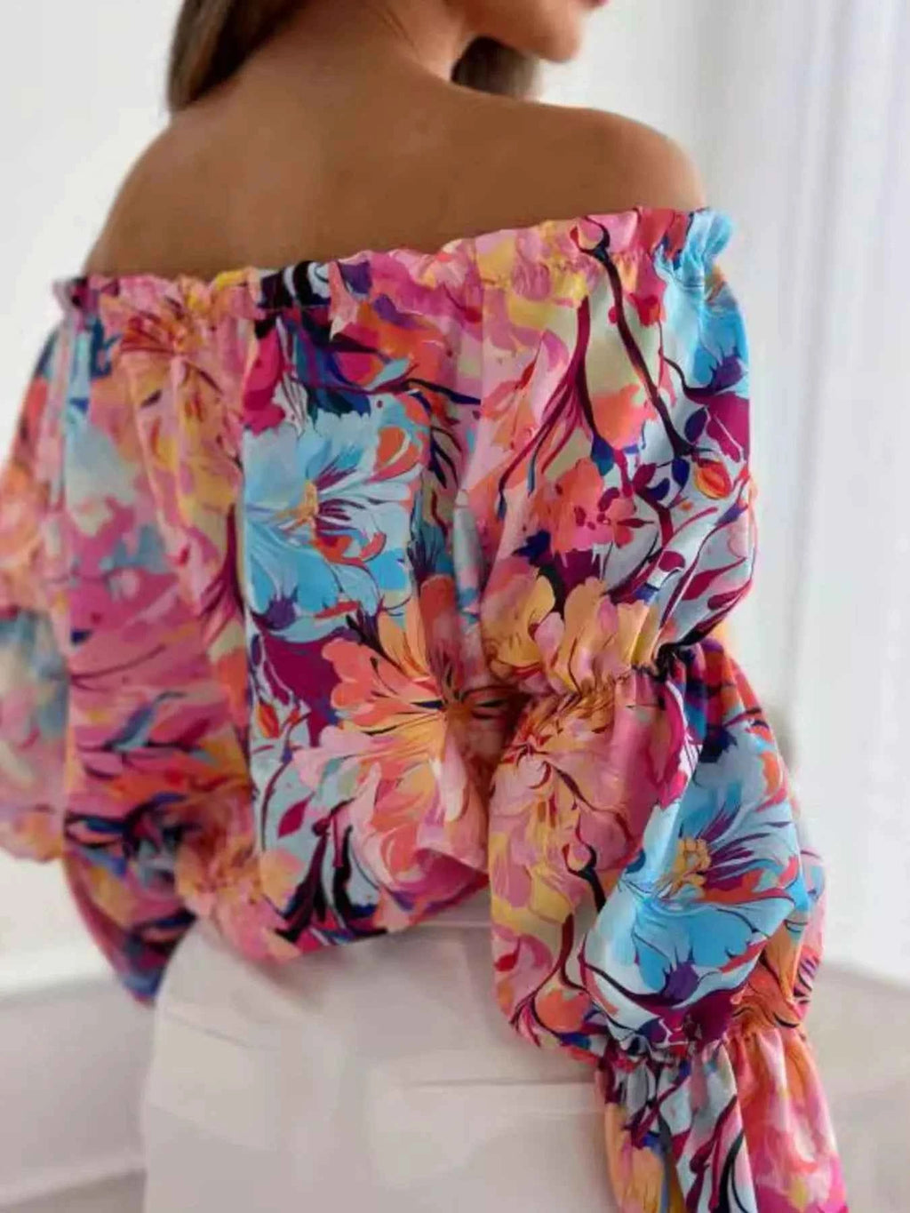 Off-Shoulder Floral Ruffle Blouse with Elastic Neckline 1e5a18fd-4310-44d6-8f89-c3179beb5711-Max-Origin