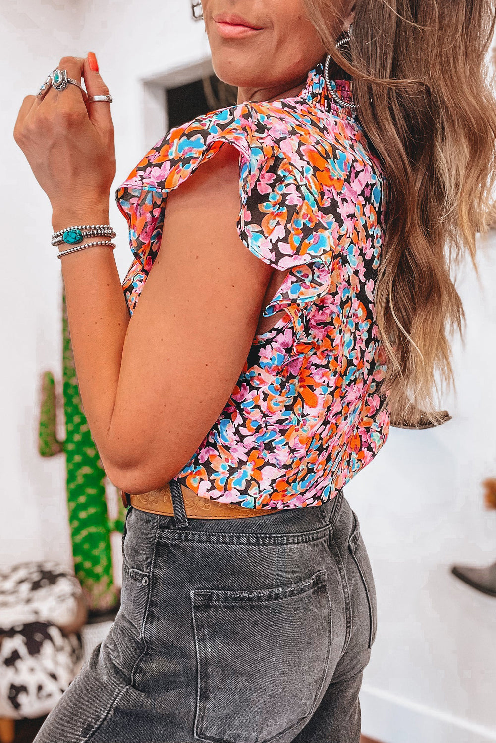 Orange Floral Print Shirred Stand Neck Flutter Shoulder Blouse 1e64e5515164c768