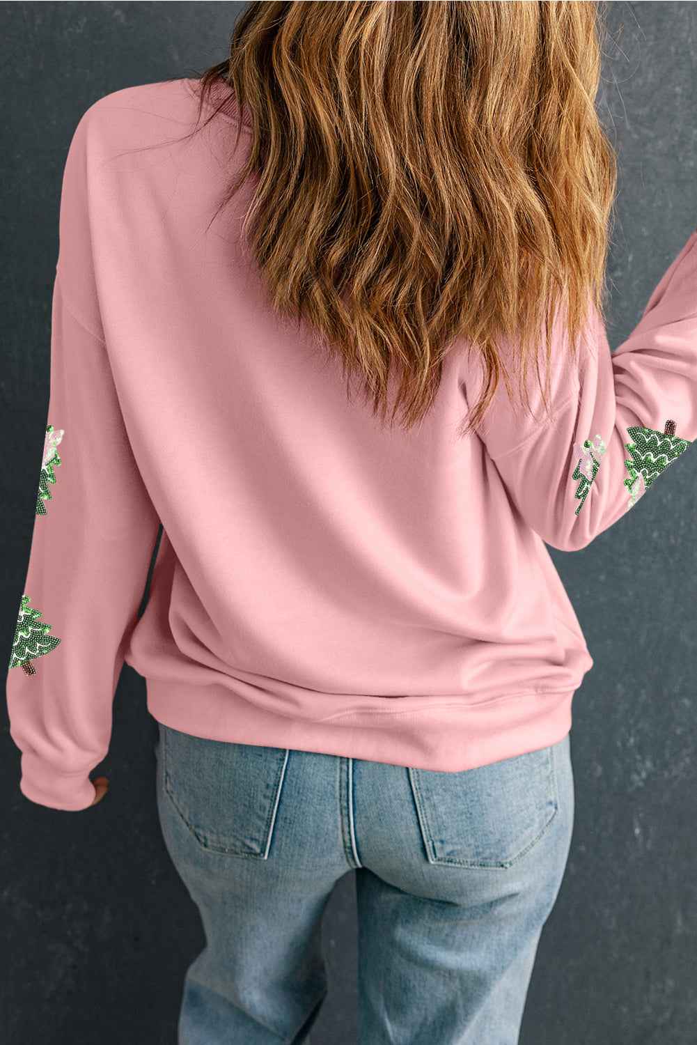 Pink Sequined Xmas Tree Patched Patterned Holiday Pullover Sweatshirt 1e685848b02612fe