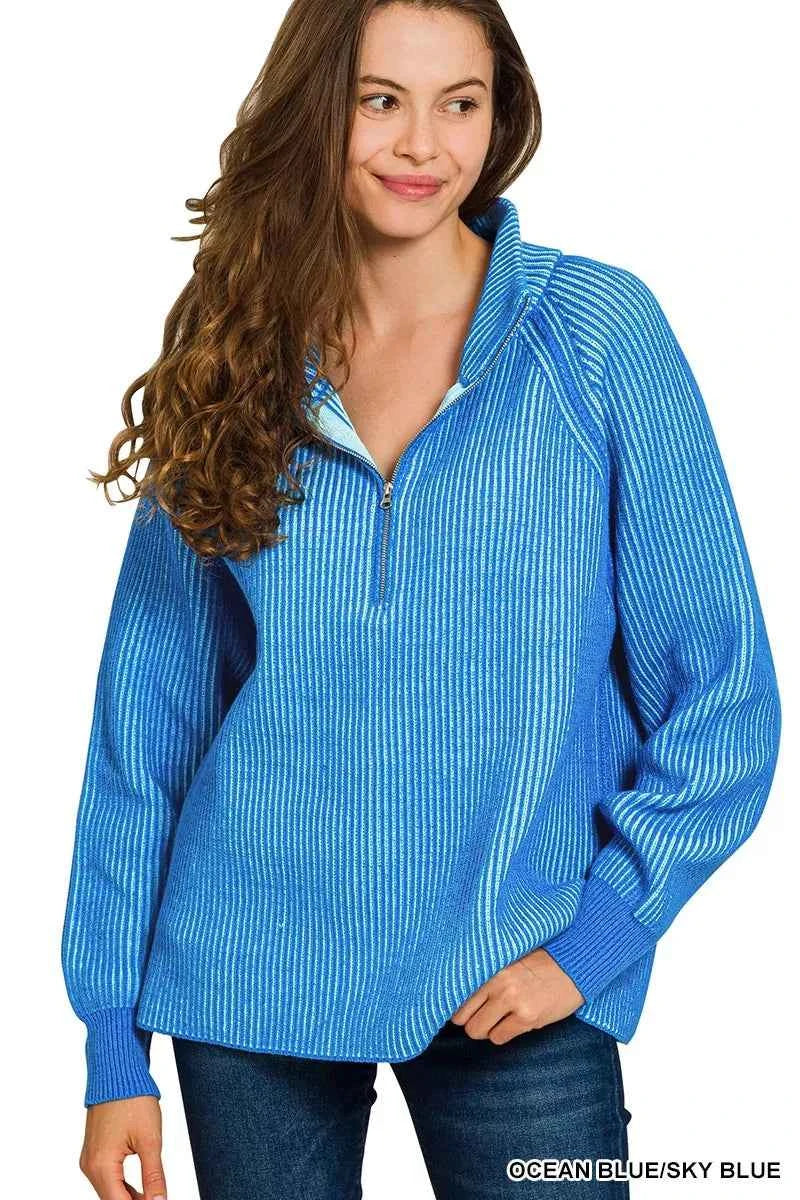 Zenana Ribbed Two Tone Half Zip Sweater OCEAN BLUE SKY BLUE 1e715124118b4e88ab4f1e804a37017c-Max-Origin