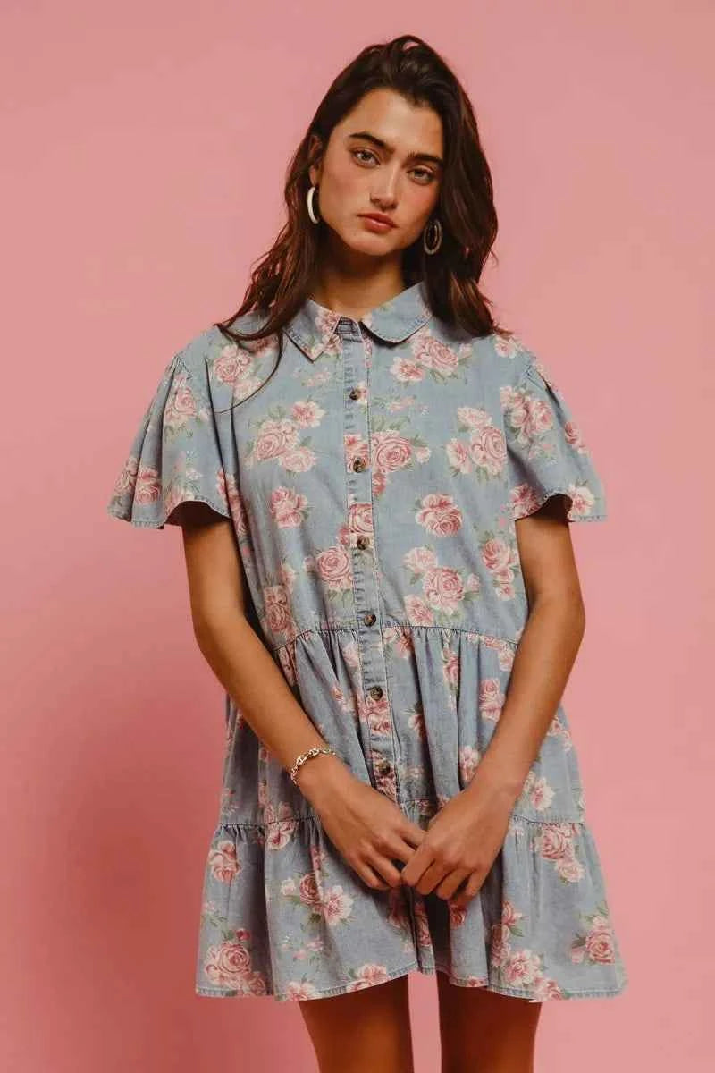 BiBi Floral Print Washed Lightweight Tiered Shirt Dress 1e72025f446f428ab4569d58cc3725f0-Max-Origin