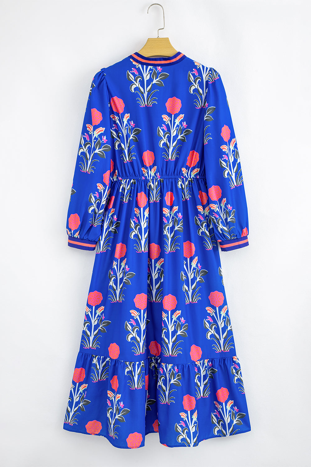 Blue Floral Print Pop of Color Neckline Long Sleeve Midi Dress 1e85a670c1160f70