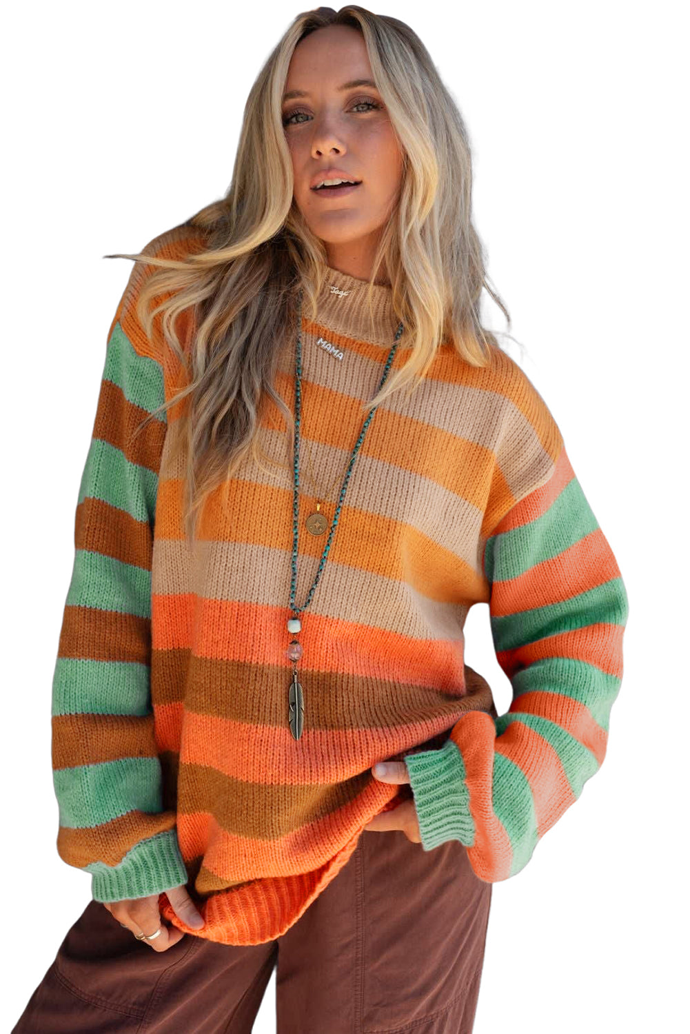 Orange Striped Colorblock High Neck Drop Shoulder Cozy Sweater 1e8a79c8f00bf89c
