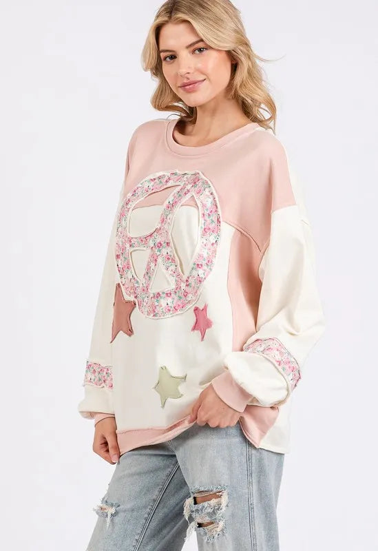 SAGE + FIG Peace & Star Patch Contrast Round Neck Sweatshirt 1eb47e57-160c-464b-82ba-93cafdd84103-Max