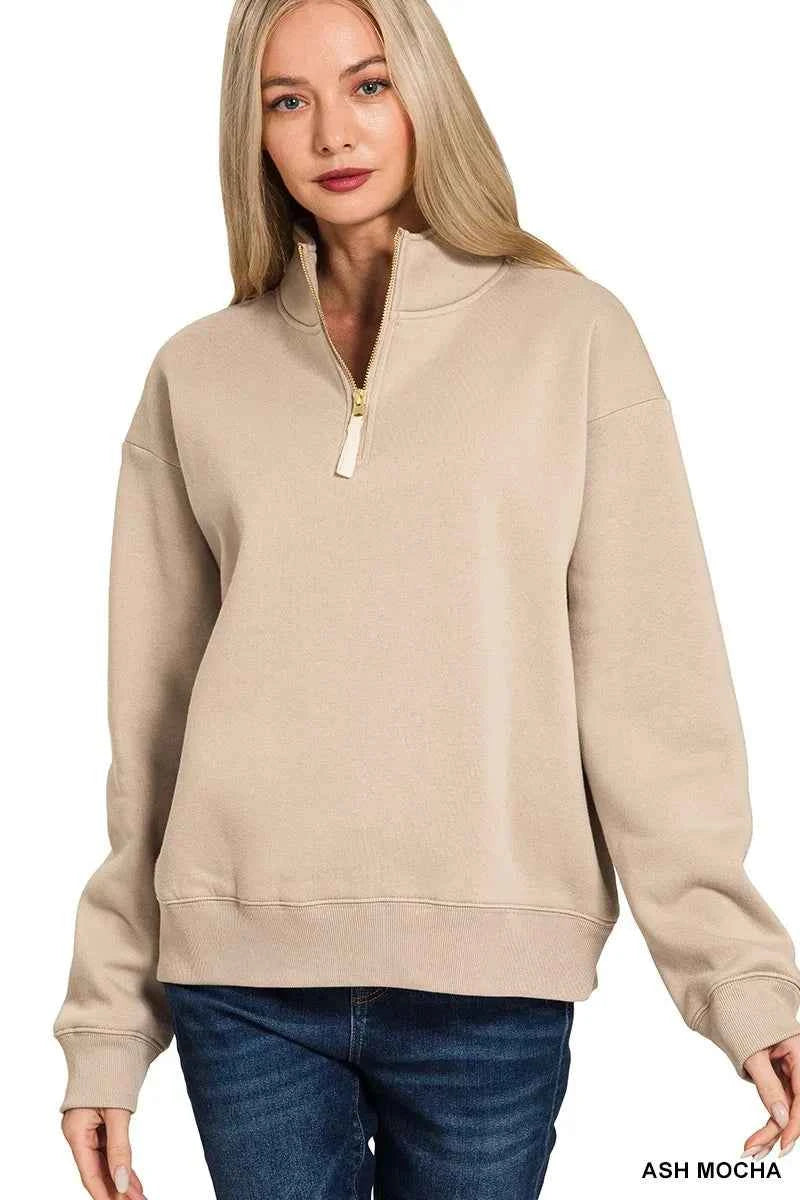 Zenana Fleece Half Zip Sweatshirt ASH MOCHA 1ec7320688cc4615966b537f5c89635f-Max-Origin