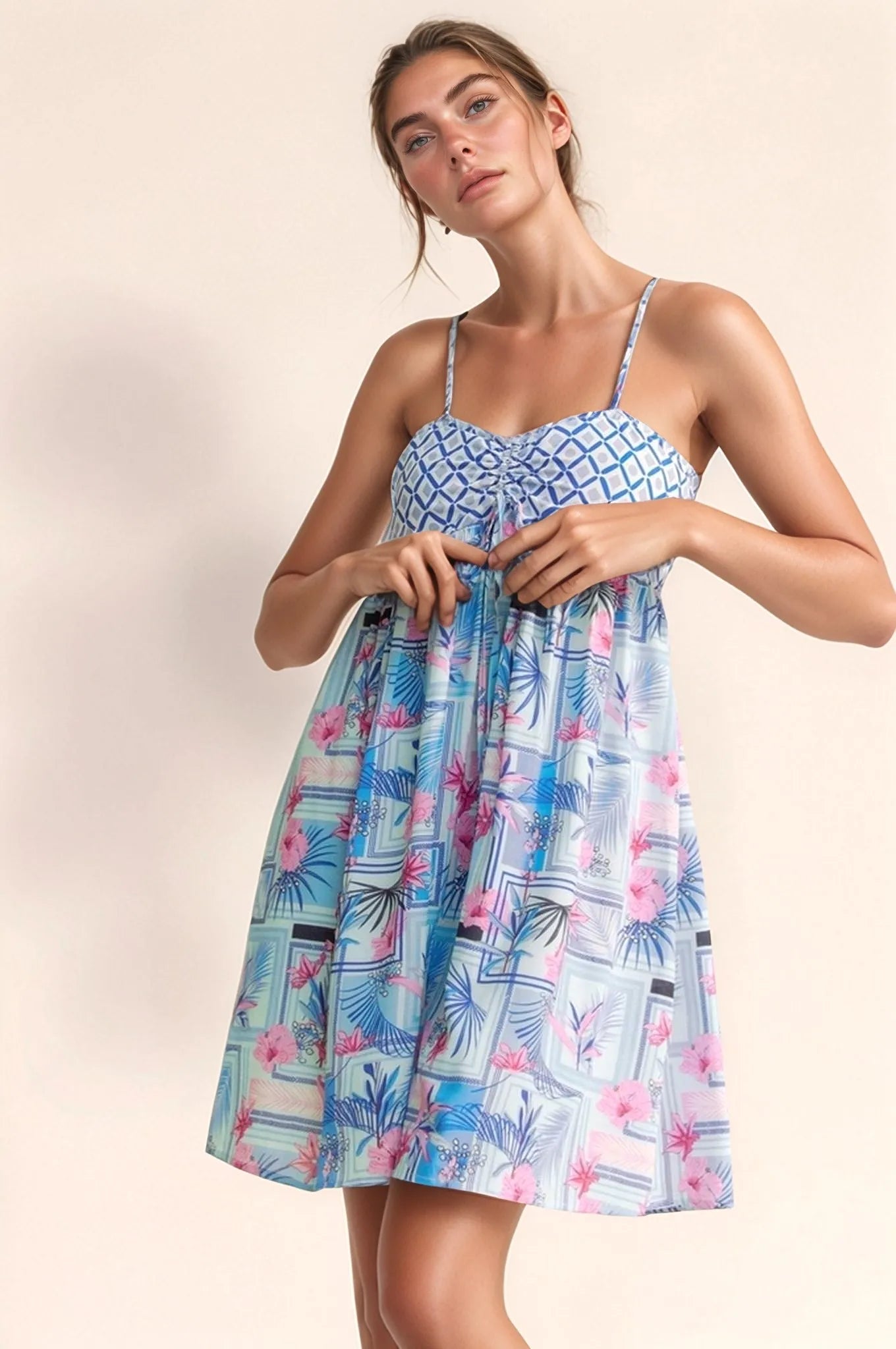 Davi & Dani Tropical Floral Geo Print Tie Back Tube Top Romper BLUE PINK 1ec9fd80bea94cb8b8cbd95ae54a51cb-Max-Origin
