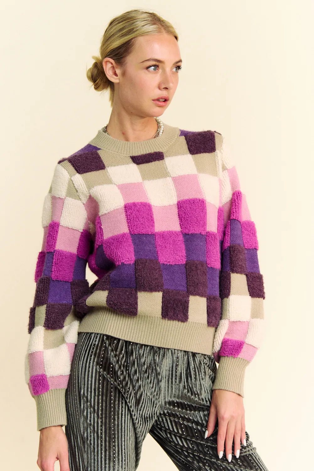 Davi & Dani Checkered Round Neck Long Sleeve Sweater Purple Multi 1ed8eafc-4c0c-4293-bdb4-dd8891796f23-Max