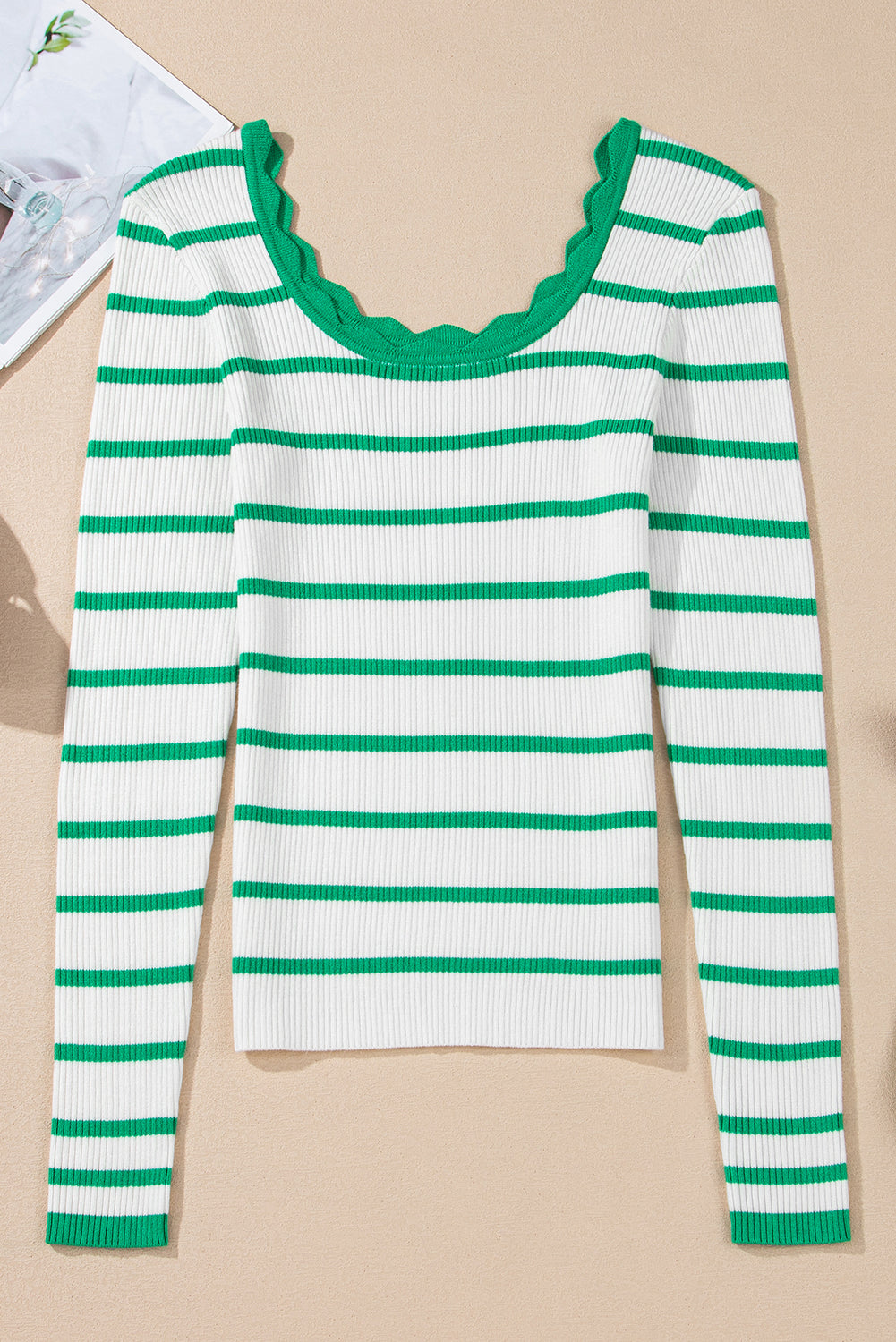 Bright Green Scalloped Edge Striped Long Sleeve Sweater 1ee78ac9df338d77