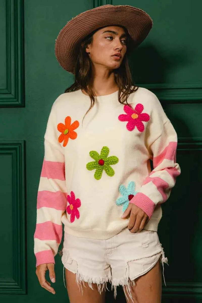 BiBi Colorful Floral Patched Sweater with Striped Sleeve 1ee869ed1c5441348ca806ea6c36558e-Max-Origin