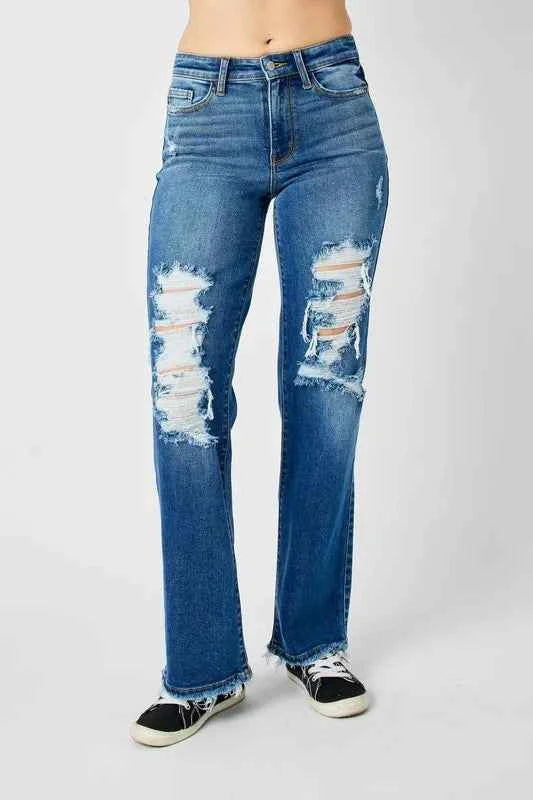 Judy Blue Full Size Mid Rise Distressed Raw Hem Jeans Medium 1ef96719-7cdb-4832-bd65-6d8145724e24-Max