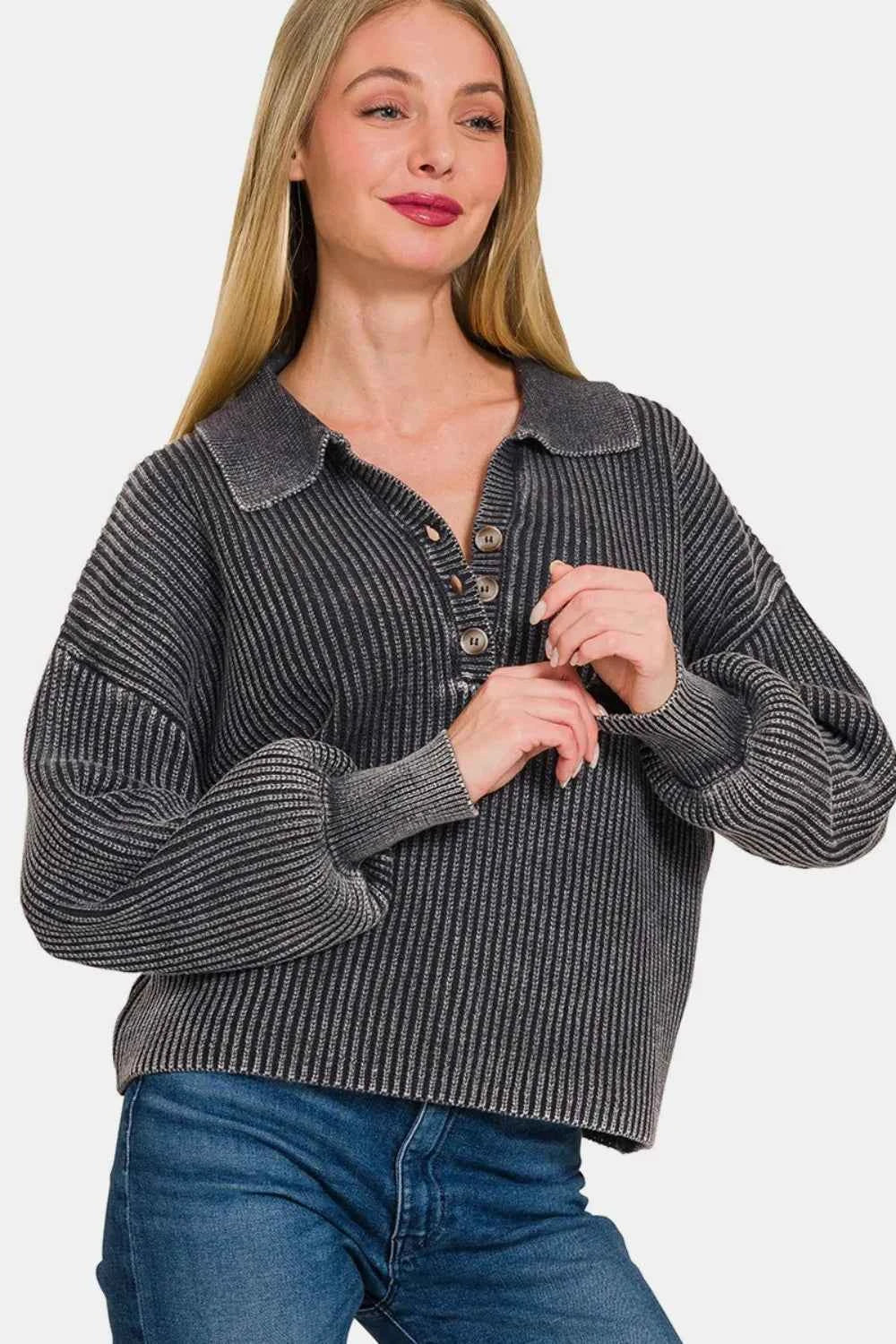 Zenana Washed Half Button Long Sleeve Sweater 1f052f75-521e-479b-aef3-ea78bbe69726-Max