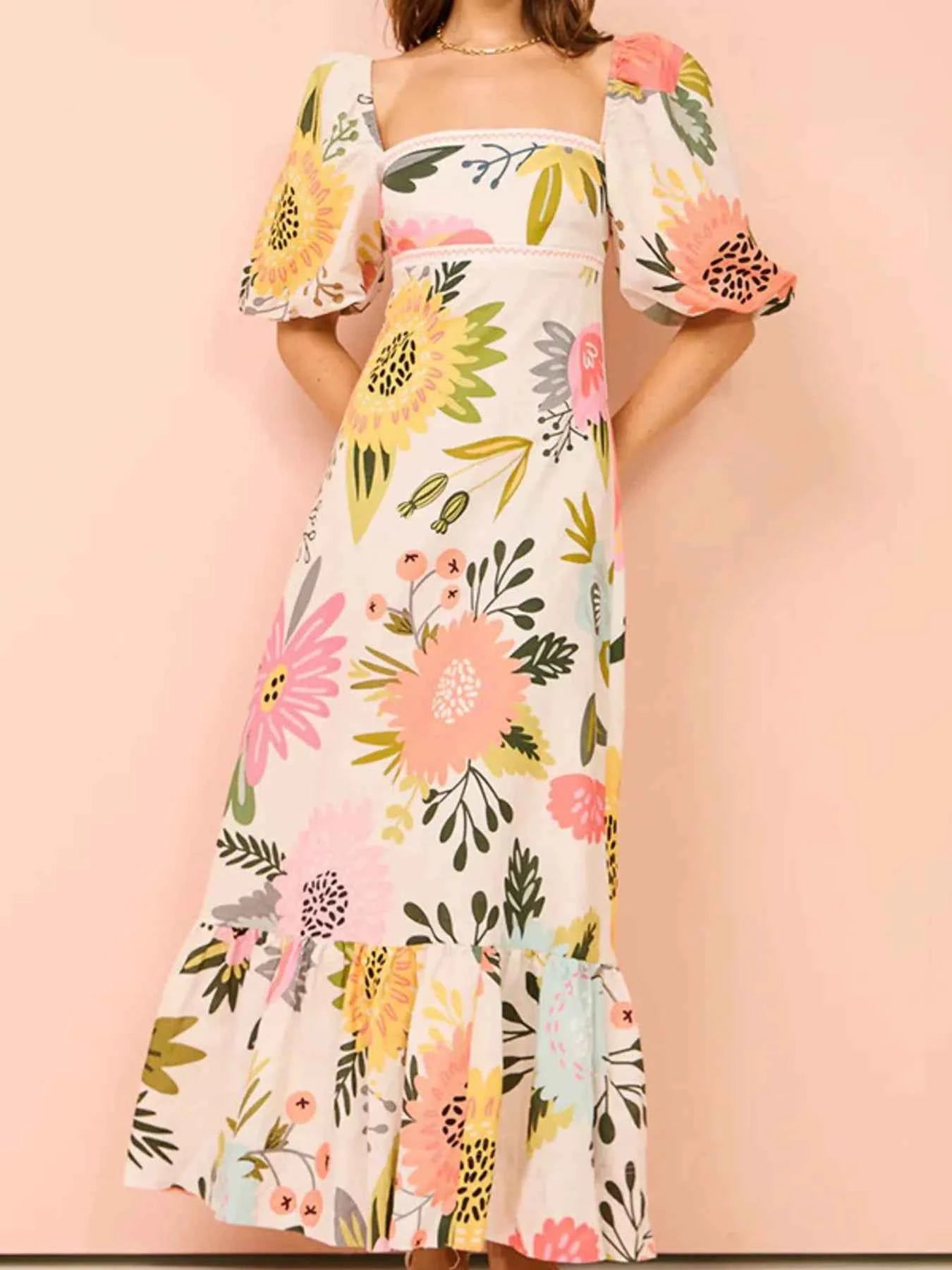 Floral Square Neck Puff Sleeve Maxi Dress with Ruffle Hem 1f2056f8d5de40f6a64c2e83651e966d-Max-Origin