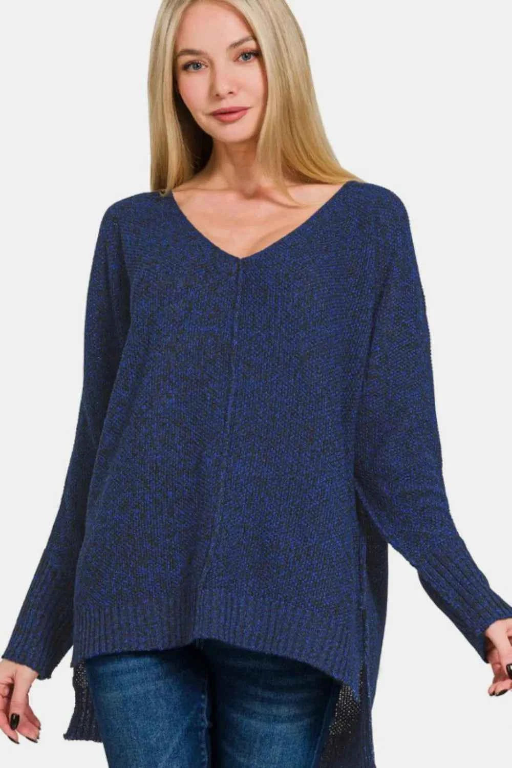 Zenana High-Low Center Seam V-Neck Sweater Dark Navy 1f2ec83d-5642-45da-9ac6-469b4a332c03-Max