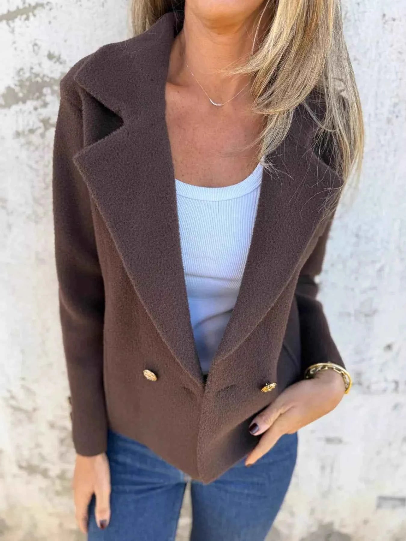 Full Size Double-Breasted Lapel Collar Blazer Plus Size Dark Brown 1f2fcd80c37a43f289599b05f1a006a2-Max-Origin